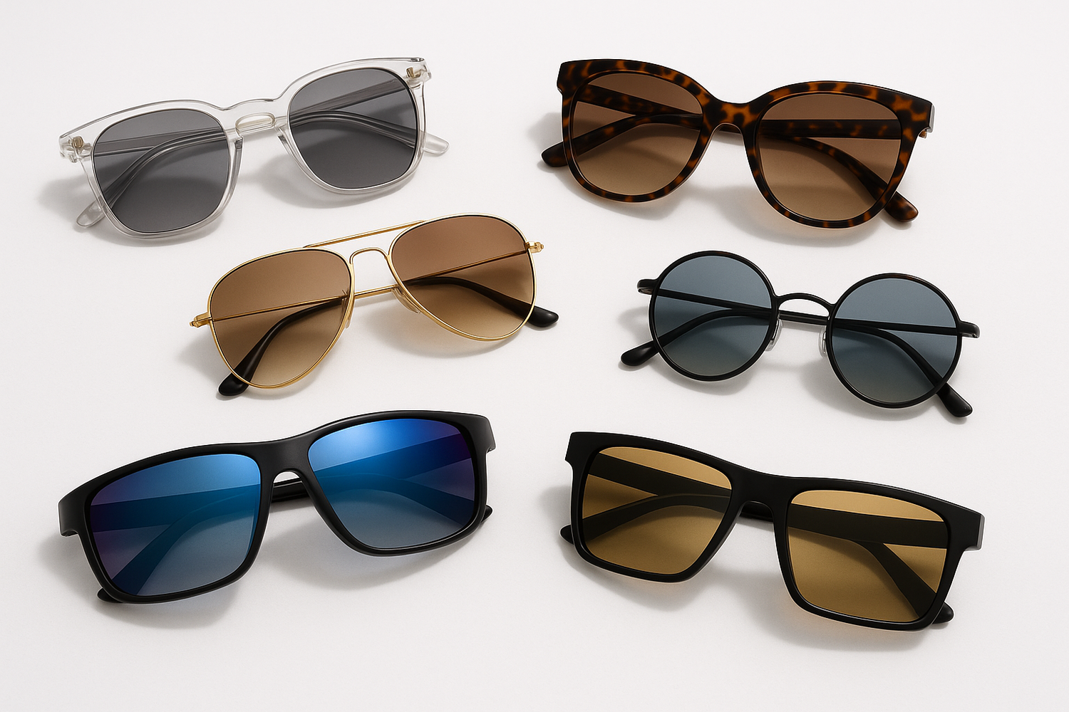 different type sunglasses like transparent fashion uv400 etc. on white surface