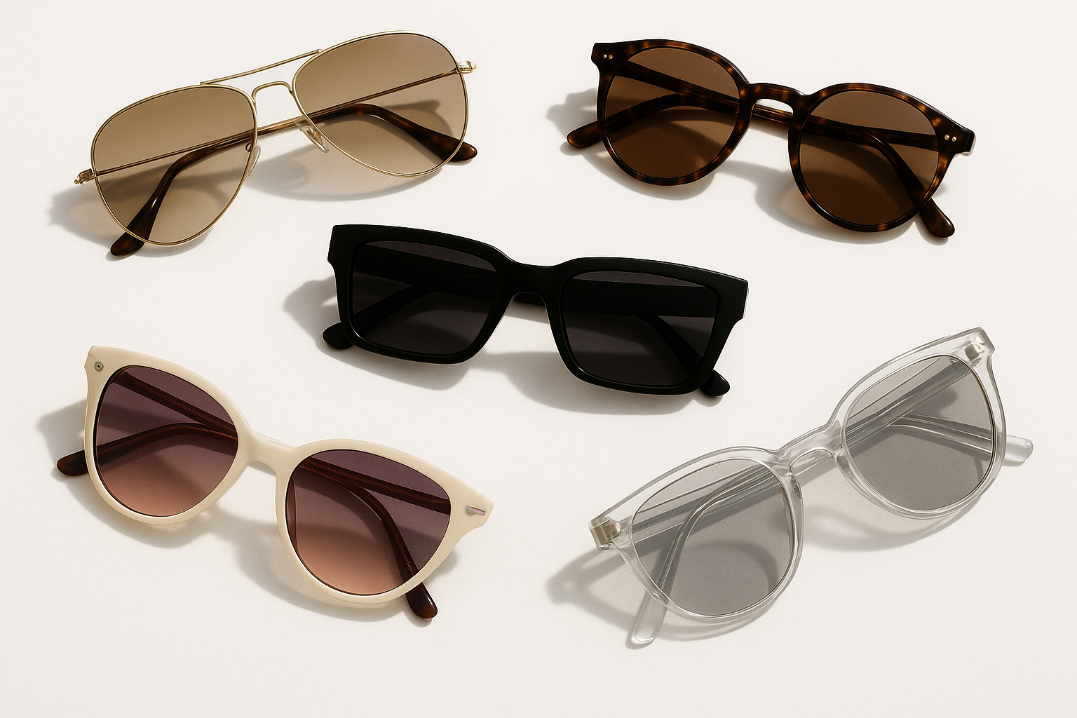 different type of sunglasses, transparent etc on white surface